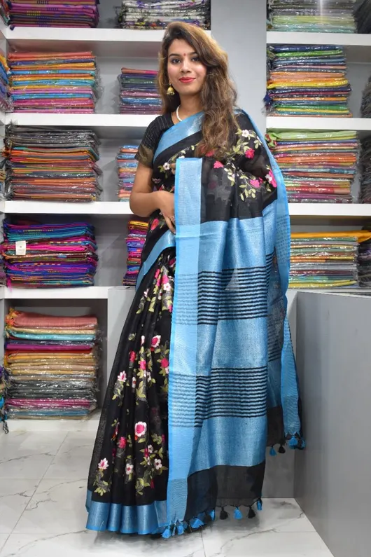 Pure Cotton Linen Saree with Blue and Black Floral Print, Tasselled Pallu